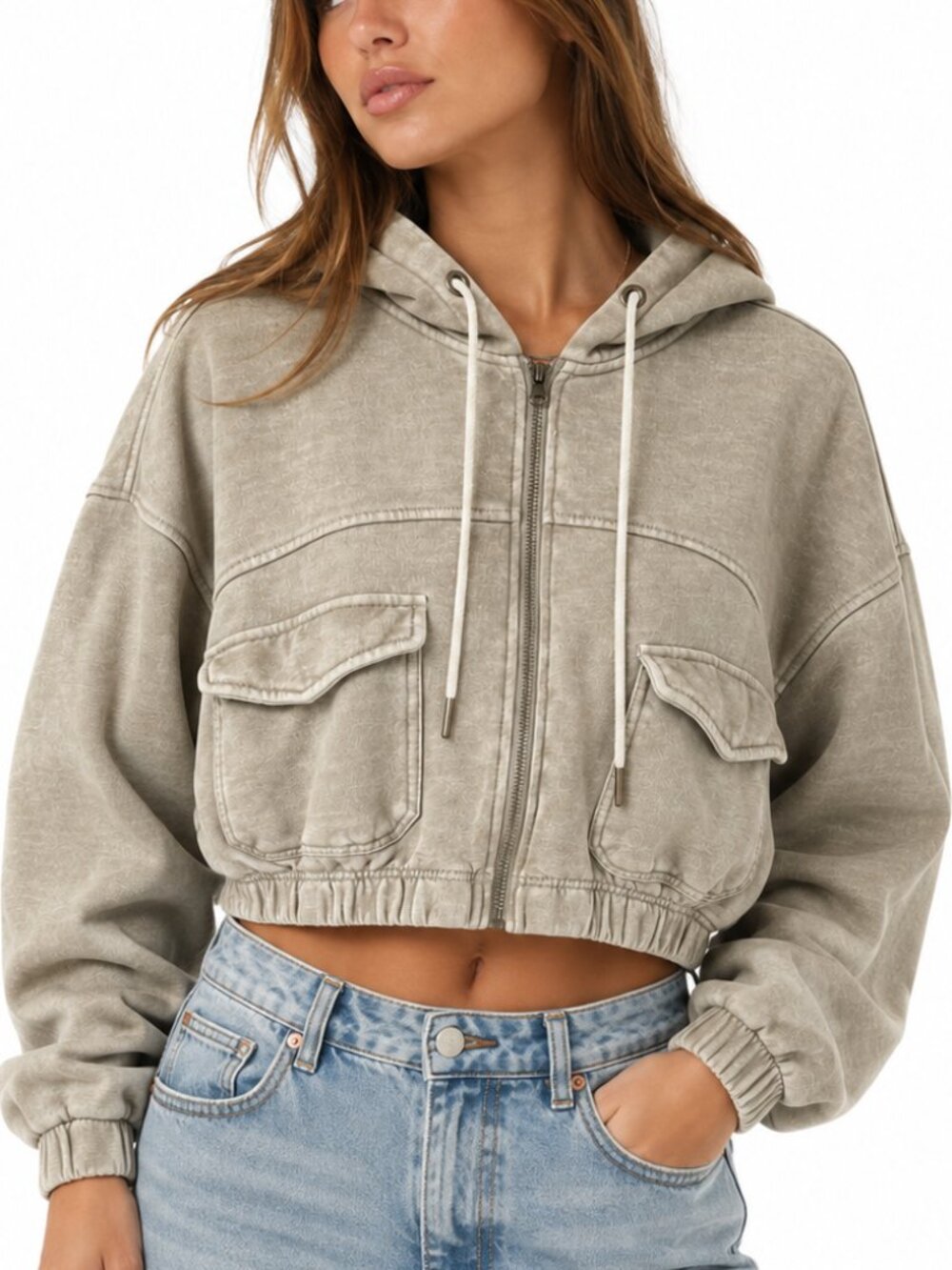URBAN OUTFITTERS Yogi Cropped Beige Tan Zip Up Hoodie Sweatshirt Size M EUC